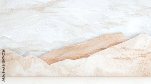 Elegant marble texture with soft white and beige tones, featuring abstract mountain shapes that evoke sense of tranquility and sophistication