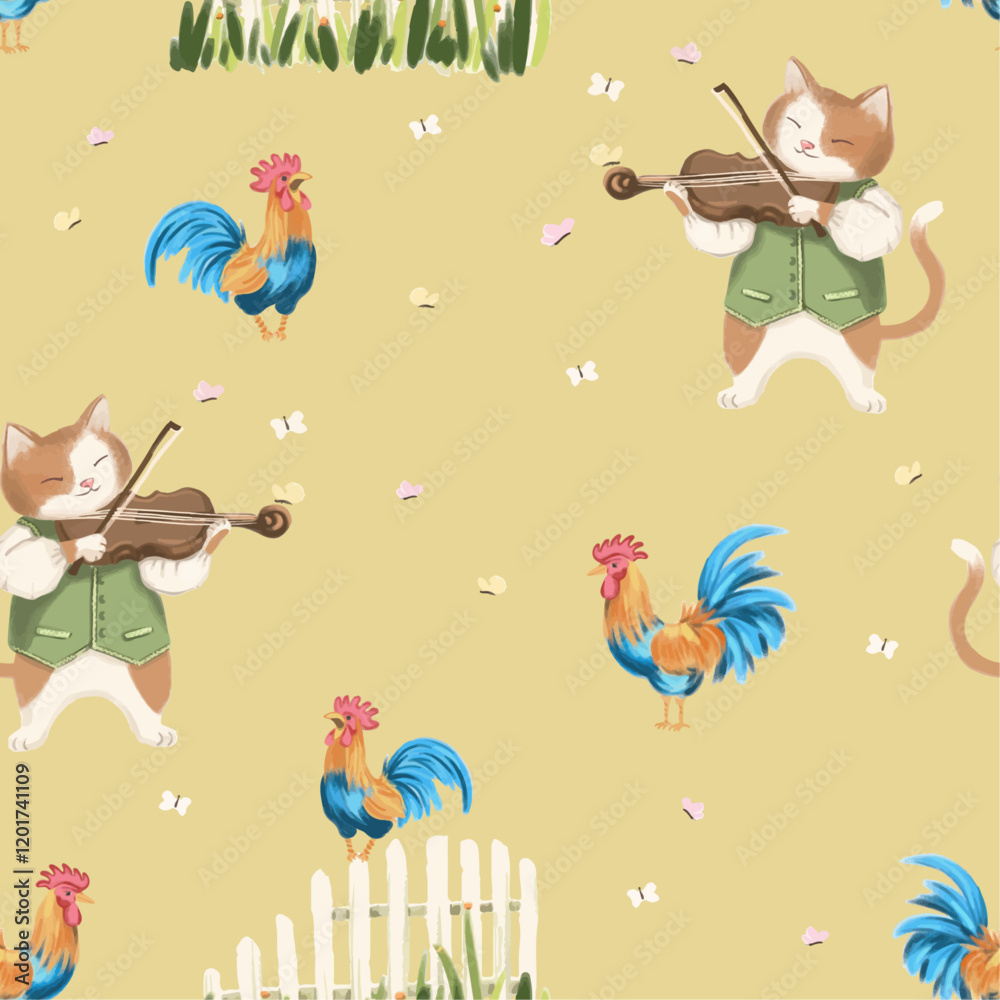 custom made wallpaper toronto digitalSeamless watercolor pattern with cat and roosters, background in village style, cat plays the violin