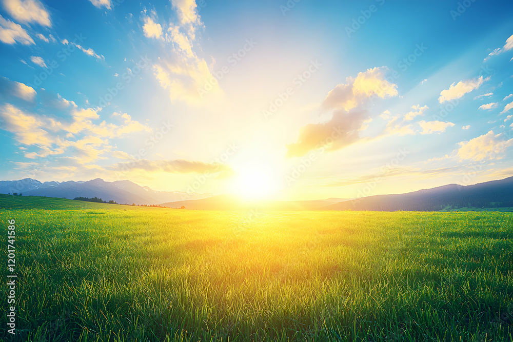 Serene sunset over a vibrant green field, bathed in golden sunlight with distant mountains. Perfect for nature, travel, or inspirational projects. Serene sunset over a vibrant green field, bathed in golden sunlight with distant mountains. Perfect for nature, travel, or inspirational projects.