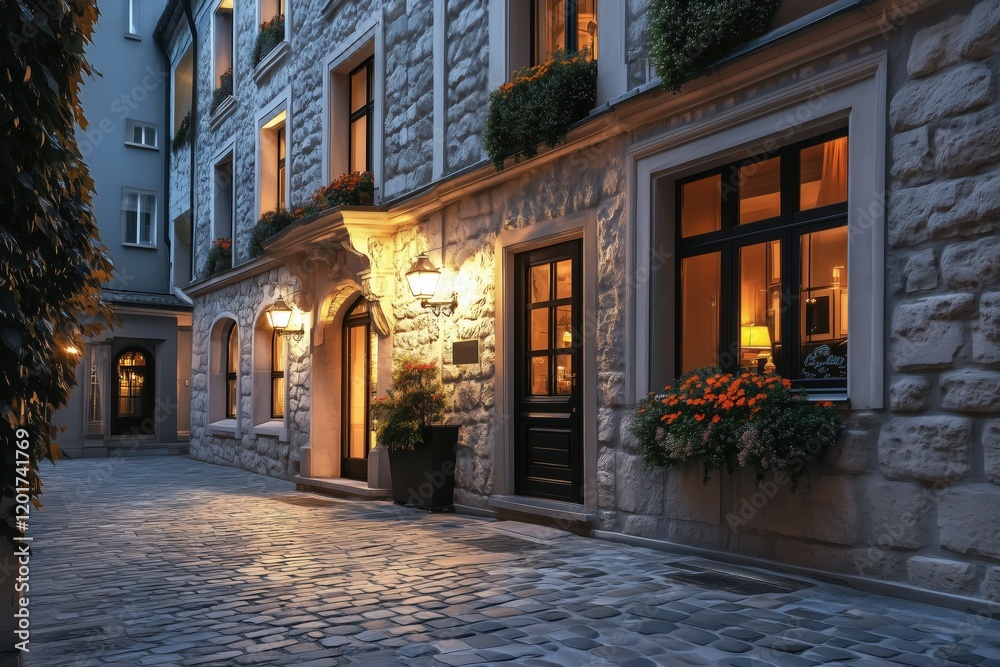 Fototapeta premium Romantic cobblestone alley with cozy illuminated café entrance and flower arrangements
