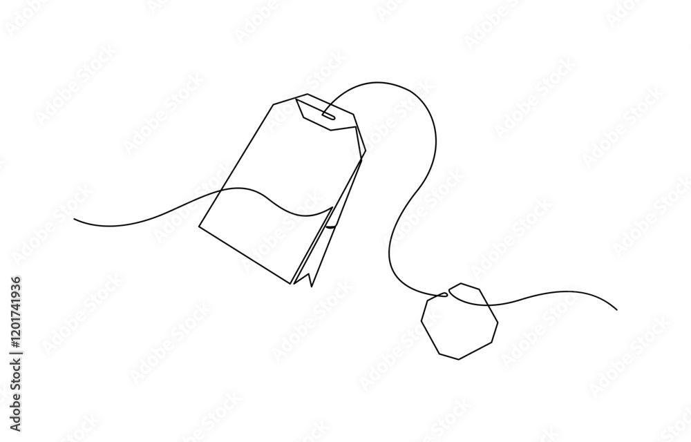Obraz premium One continuous line drawing of paper tea bag, Discount tag icon line continuous drawing vector. One line price tag icon vector background.