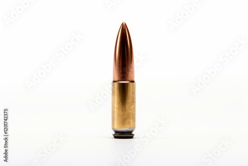 Full metal jacket rifle bullet standing on a white background