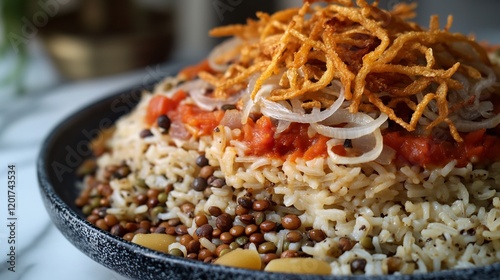 Serving of Egyptian koshari layers of rice lentils pasta and spiced tomato sauce garnished with crispy onions