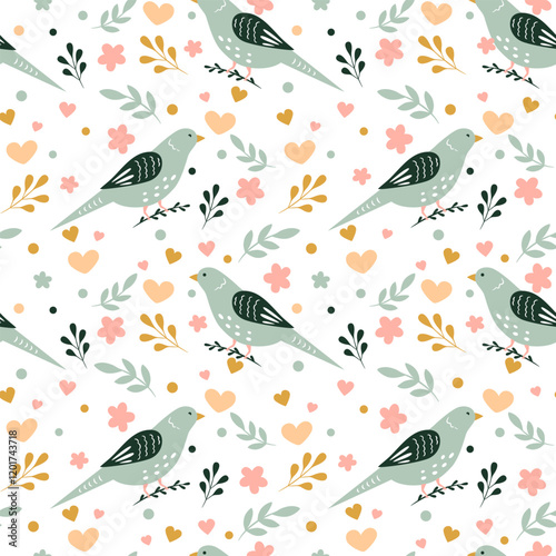 Сute birds with patterns, flowers and other elements on a white background. Birds seamless pattern