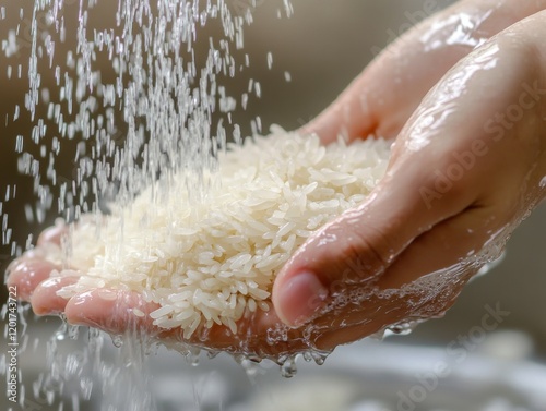 Handful of rice grains being washed under running water. Featuring clean and fresh rice grains. Emphasizing hygiene and preparation in cooking. Ideal for cooking tutorials and health blogs.