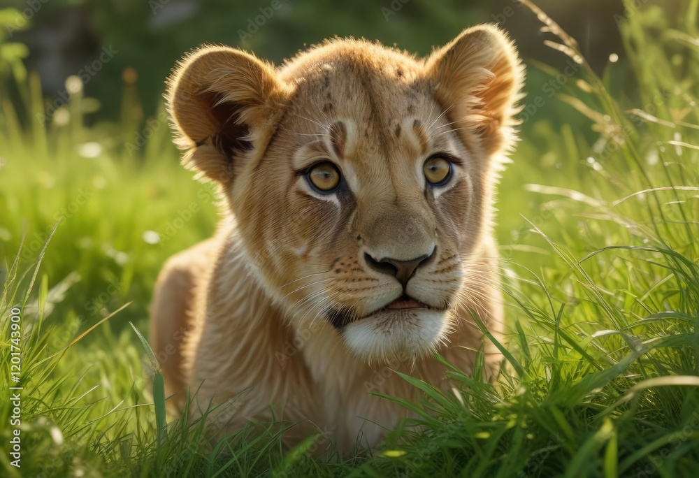 A lion cub discovering a hidden patch of juicy grass, green, tasty