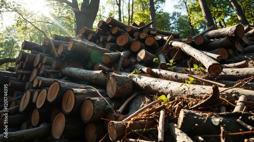 A pile of freshly cut logs lie in the forest floor with sunlight streaming through the canopy, creating a sense of both beauty and destruction.
