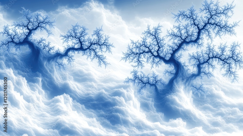 Abstract blue fractal trees in cloudscape; fantasy background Abstract blue fractal trees in cloudscape; fantasy background