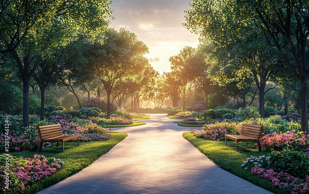 Fototapeta premium Serene sunrise path in a blossoming park.