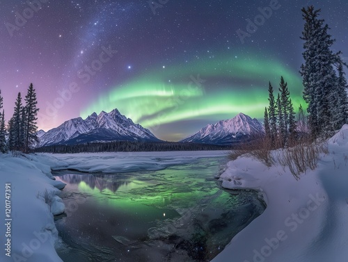 ethereal ribbons of green and purple dance across a starlit arctic sky, reflecting off pristine snow, creating a mesmerizing natural light show photo