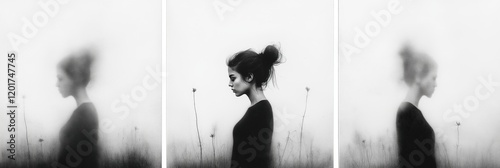 Woman silhouette in soft focus profile view standing in field, soft background highlights delicate features
