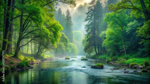 A misty forest landscape with a river flowing gently through it and surrounded by tall trees and lush greenery, river flow, outdoor scenery, tree line