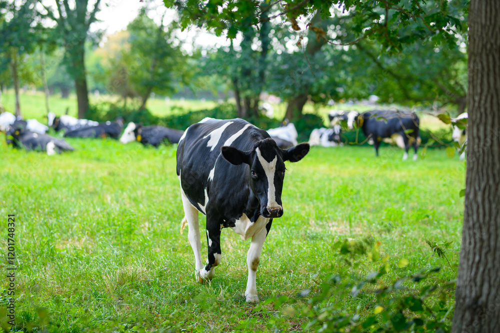 Cow on field. Spotted cow grazing on green meadow. Holstein cow on farm. Cow on graze pasture. Cow on field. Spotted cow grazing on green meadow. Holstein cow on farm. Cow on graze pasture.