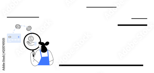 Cartoon character in blue apron holding magnifying glass, examining dollar coin and credit card. Ideal for finance, investment, auditing, transparency, analytics, security money management. Abstract