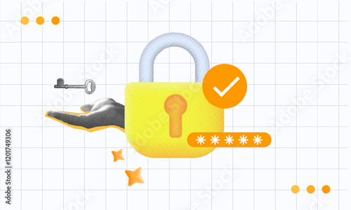 halftone collage trend, trustworthy cyber security, hand holding key, yellow padlock, and password icon. security, encryption, and safe password 