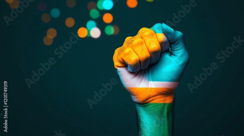 Fist of Unity: A powerful image of a hand painted in the colors of a flag, clenched into a fist against a dark teal background, representing strength, solidarity, and resilience.