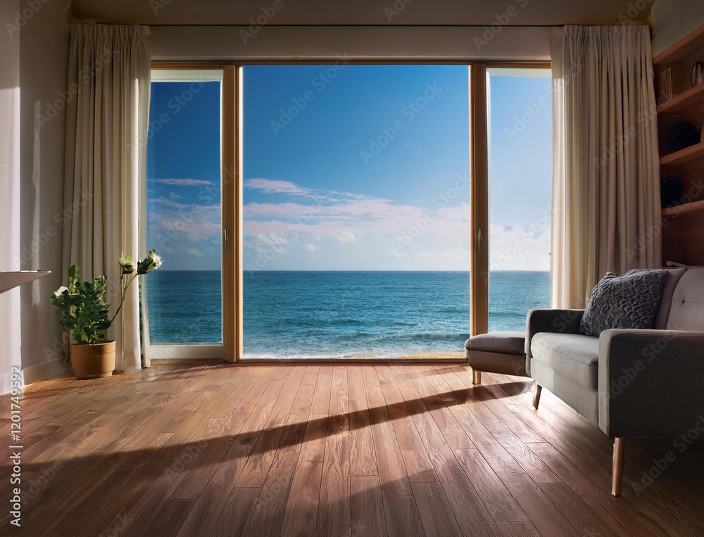 Naklejka premium Generated image オーシャンビュー リビングの窓からの景色