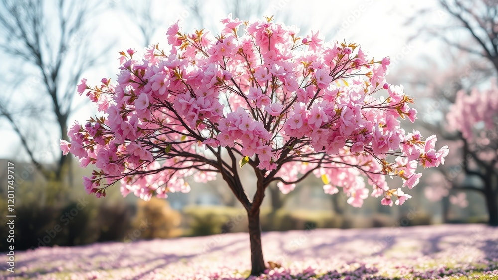A single cherry blossom tree in full bloom, standing proudly amidst a field of fallen petals, bathed in the soft glow of a springtime sun. A single cherry blossom tree in full bloom, standing proudly amidst a field of fallen petals, bathed in the soft glow of a springtime sun.