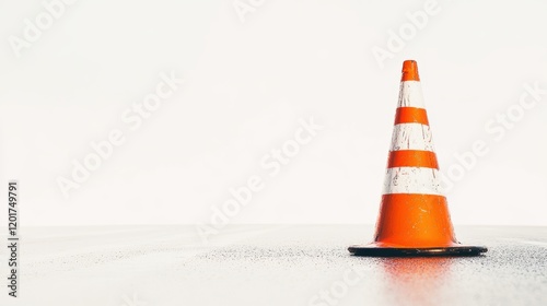 Traffic safety action single glossy orange traffic cone in urban environment high fidelity view photo