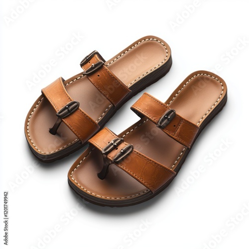 Tan Leather Thong Sandals: A pair of stylish tan leather thong sandals with decorative buckles,  perfect for warm weather. These sandals feature a comfortable leather footbed and a durable outsole. photo