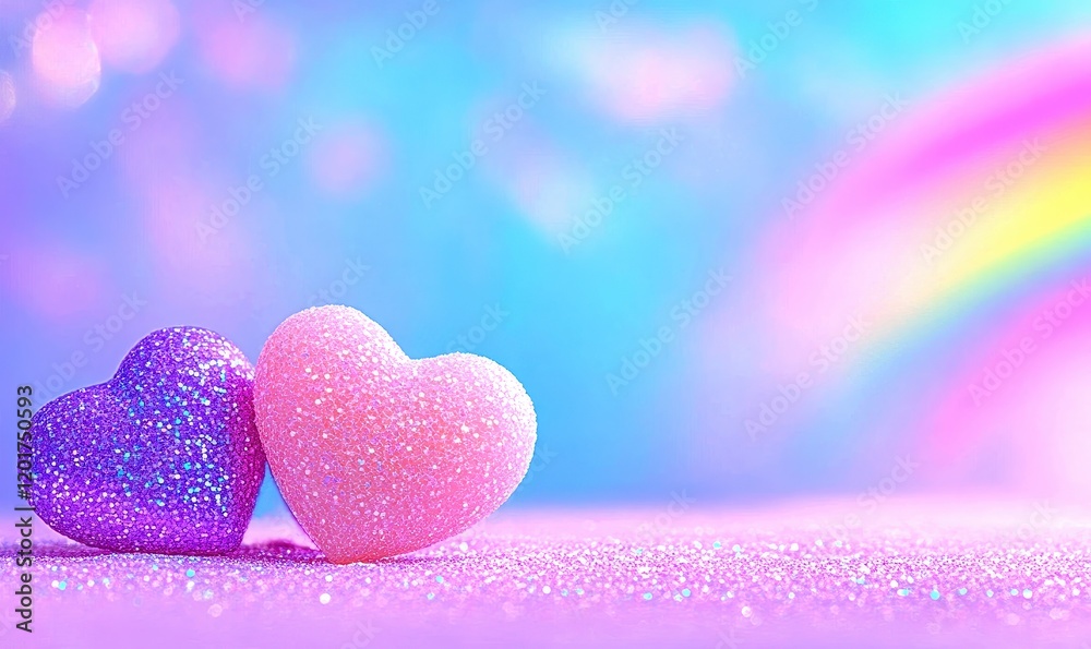 Obraz premium Heart-shaped candies with glittery purple substance with a rainbow