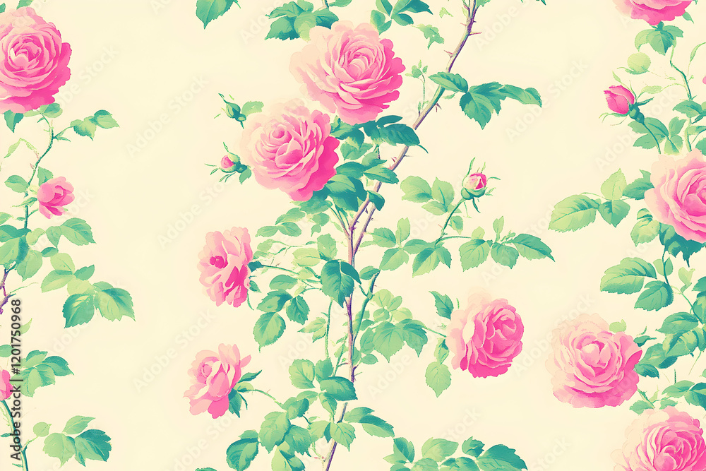 Fototapeta Elegant seamless pattern of pink roses and green leaves on a cream background. Perfect for wallpaper, fabric, and various design projects.