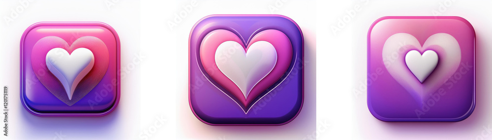Three square buttons feature a gradient of pink and purple, each showcasing a stylized white heart. The hearts have varying levels of layering and detail. Three square buttons feature a gradient of pink and purple, each showcasing a stylized white heart. The hearts have varying levels of layering and detail.
