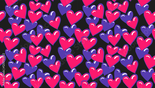 Vector illustration of seamless pink and purple heart pattern in glossy style on black background. It gives a bright, bold and energetic feel to your greeting card designs, packaging, love and fun
