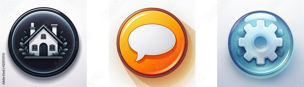 Three glossy circular icons: a house, a speech bubble, and a gear. Representing home, communication, and settings. Three glossy circular icons: a house, a speech bubble, and a gear. Representing home, communication, and settings.