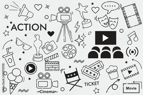 Cinema web icons in line style. Film, popcorn, video, movie theater, collection.