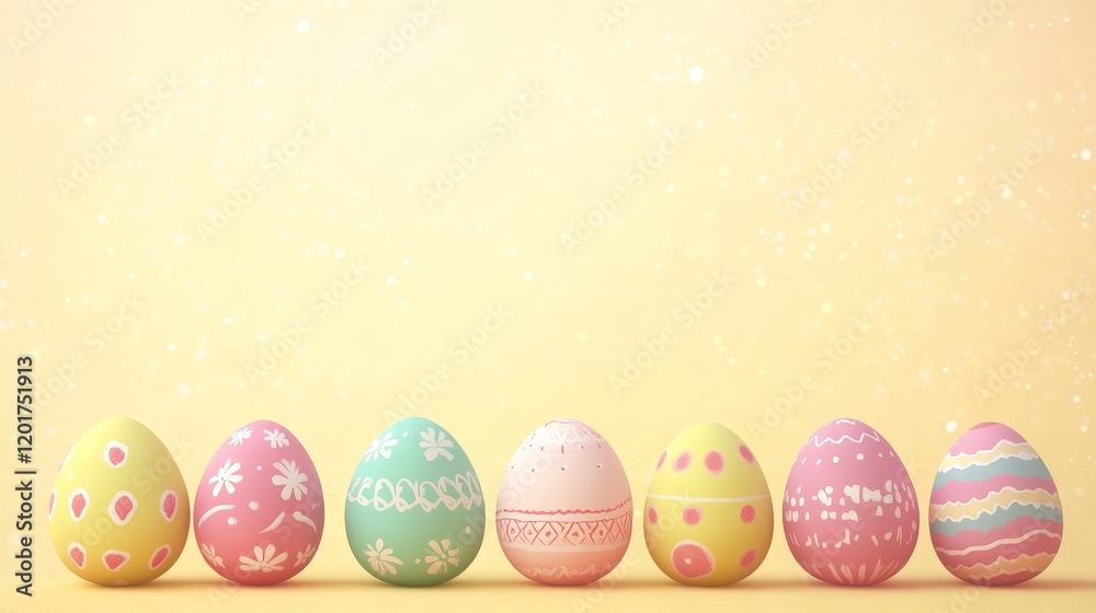 Colorful Easter eggs in a row on yellow background symbolizing festive celebration and springtime joy Colorful Easter eggs in a row on yellow background symbolizing festive celebration and springtime joy