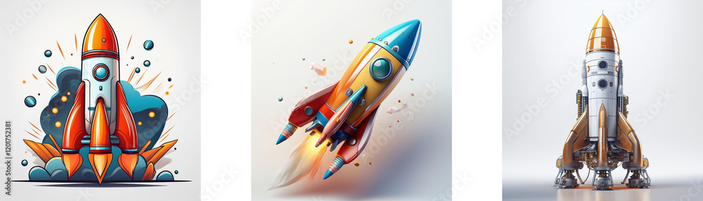 Three vibrant rockets, ready for launch, depict dynamic movement and futuristic design.  Each rocket showcases unique color palettes and stylistic approaches.