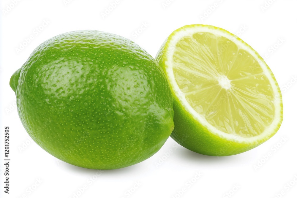 Fresh green lime showing whole fruit and cross section on white background Fresh green lime showing whole fruit and cross section on white background