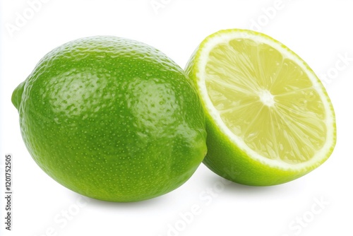 Fresh green lime showing whole fruit and cross section on white background