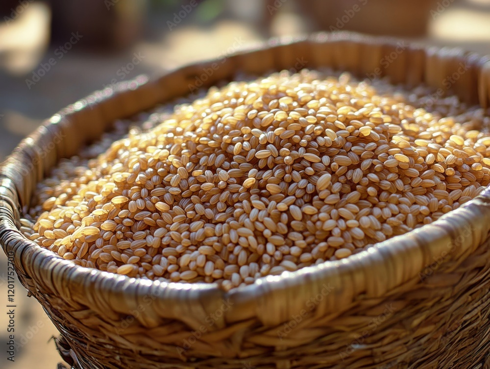 Harvested rice in a basket. Featuring harvested rice in a woven basket. Highlighting agricultural harvest and storage. Ideal for farming and cultural visuals. Harvested rice in a basket. Featuring harvested rice in a woven basket. Highlighting agricultural harvest and storage. Ideal for farming and cultural visuals.