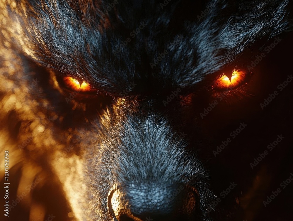 menacing close-up of a snarling werewolf face, glowing amber eyes, detailed fur texture, moonlit shadows, hyperrealistic rendering menacing close-up of a snarling werewolf face, glowing amber eyes, detailed fur texture, moonlit shadows, hyperrealistic rendering