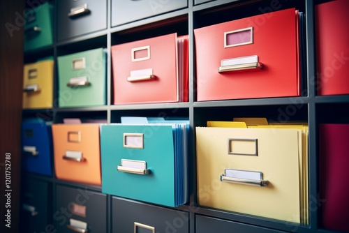 Modern filing cabinet with colorful drawers is storing and organizing important files and documents
