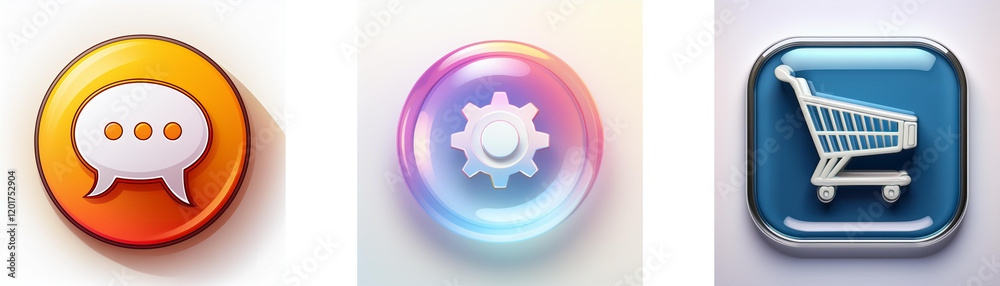 Three glossy app icons: a chat bubble, gear, and shopping cart. Simple, colorful, and user-friendly design. Three glossy app icons: a chat bubble, gear, and shopping cart. Simple, colorful, and user-friendly design.