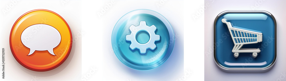 Three glossy buttons depict communication, settings, and shopping. Each button features a distinct symbol for intuitive understanding. Three glossy buttons depict communication, settings, and shopping. Each button features a distinct symbol for intuitive understanding.