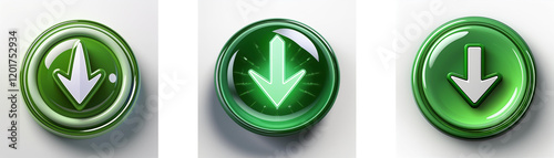 Three glossy green circular buttons feature a downward-pointing arrow; variations in arrow design and button shine.