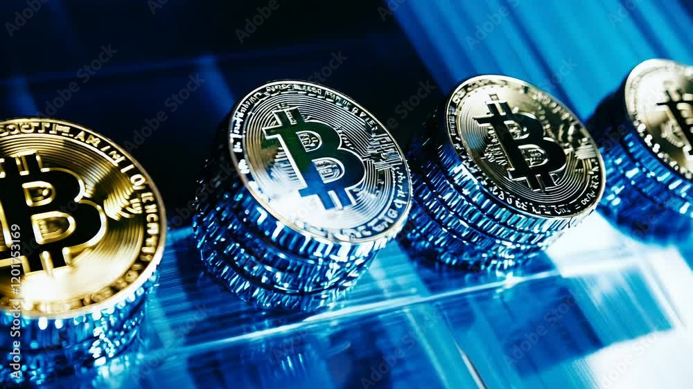 Golden bitcoin coins on a dark blue background. Cryptocurrency visual design featuring neon token with btc logo. Mining, blockchain motion graphics. Modern crypto wallet advertisement concept.