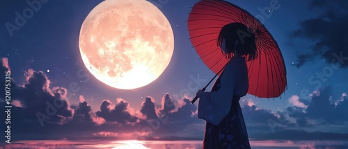 Manga-style girl with moonlight reflection on a serene nighttime ocean shore photo