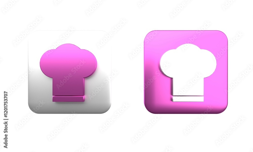 Colorful Chef hat icon isolated on white background. Cooking symbol. Cooks hat. Square button. 3D render illustration Colorful Chef hat icon isolated on white background. Cooking symbol. Cooks hat. Square button. 3D render illustration