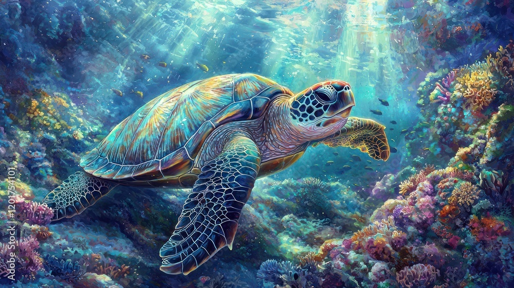 Serene sea turtle swimming in vibrant coral reef, sunbeams. Serene sea turtle swimming in vibrant coral reef, sunbeams.