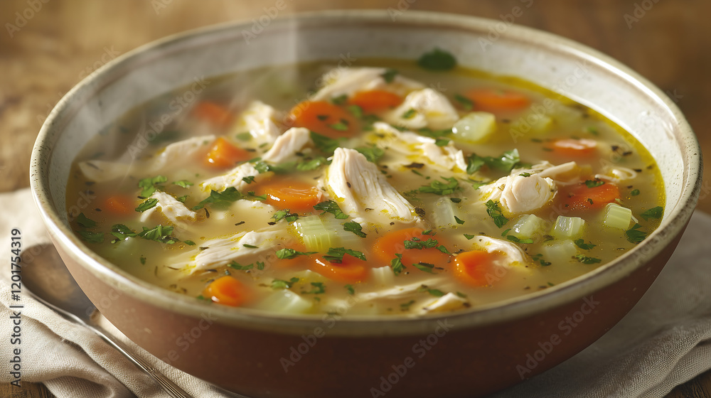 a bowl of chicken soup, styled to showcase its textures and fresh, healthy ingredients a bowl of chicken soup, styled to showcase its textures and fresh, healthy ingredients