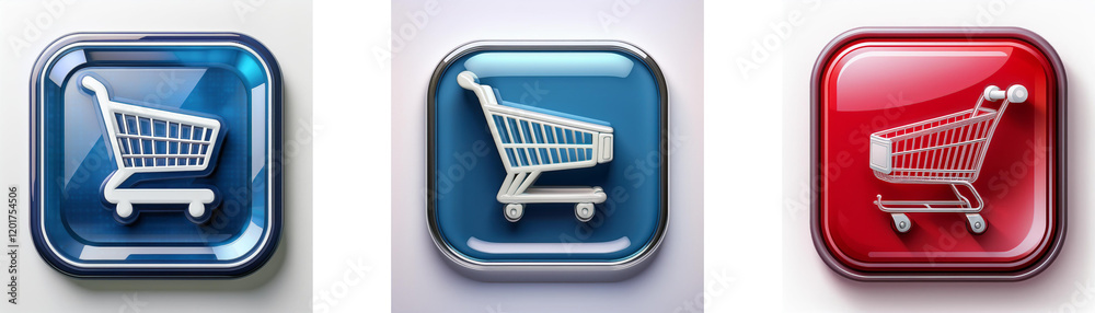 Three glossy square buttons display a shopping cart icon in blue, light blue, and red. Each button features a three-dimensional effect. Three glossy square buttons display a shopping cart icon in blue, light blue, and red. Each button features a three-dimensional effect.