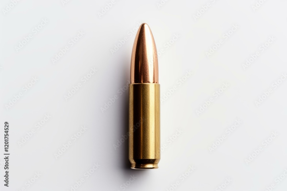 Close up of a single rifle bullet on a white background, symbolizing war, violence, and military conflict Close up of a single rifle bullet on a white background, symbolizing war, violence, and military conflict