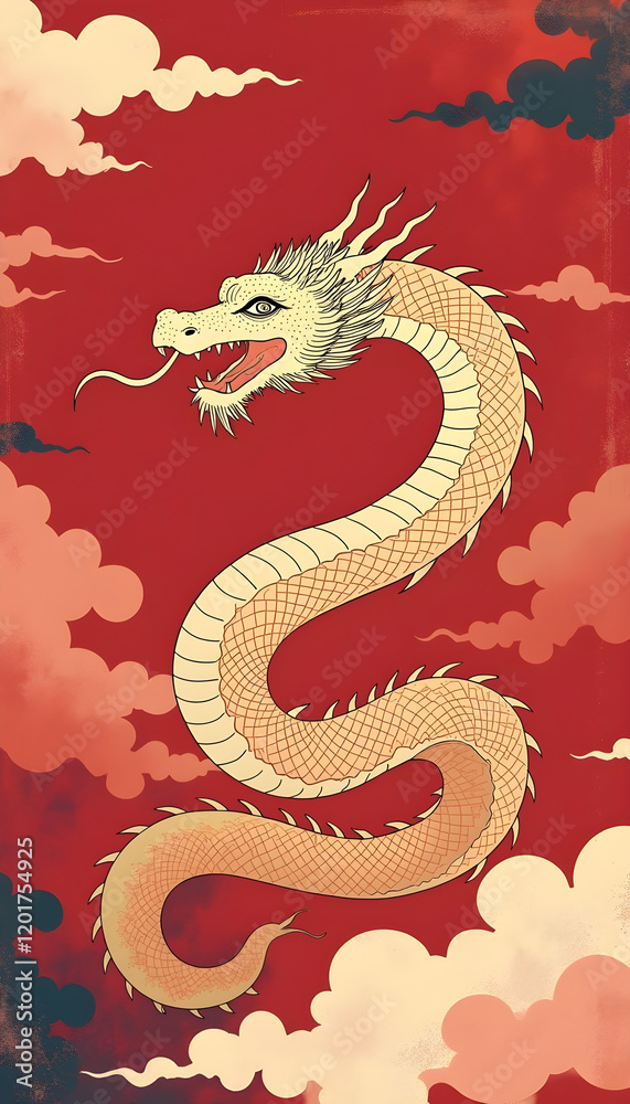 Obraz premium Año nuevo chino de la serpiente. Fondo rojo con espacio para texto. Animal dorado, paisaje oriental