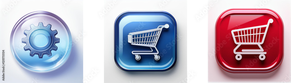 Three glossy buttons showcase a gear, a shopping cart on blue, and another cart on red. Represents settings, online shopping, and perhaps a purchase confirmation. Three glossy buttons showcase a gear, a shopping cart on blue, and another cart on red. Represents settings, online shopping, and perhaps a purchase confirmation.