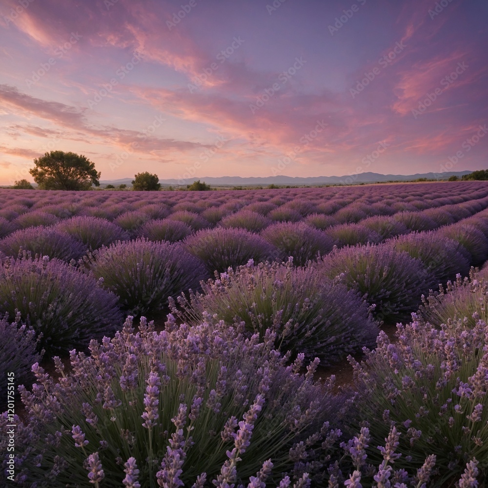 Obraz premium A lavender field stretching to the horizon under a soft pink and purple evening sky, with bees buzzing gently around the flowers.